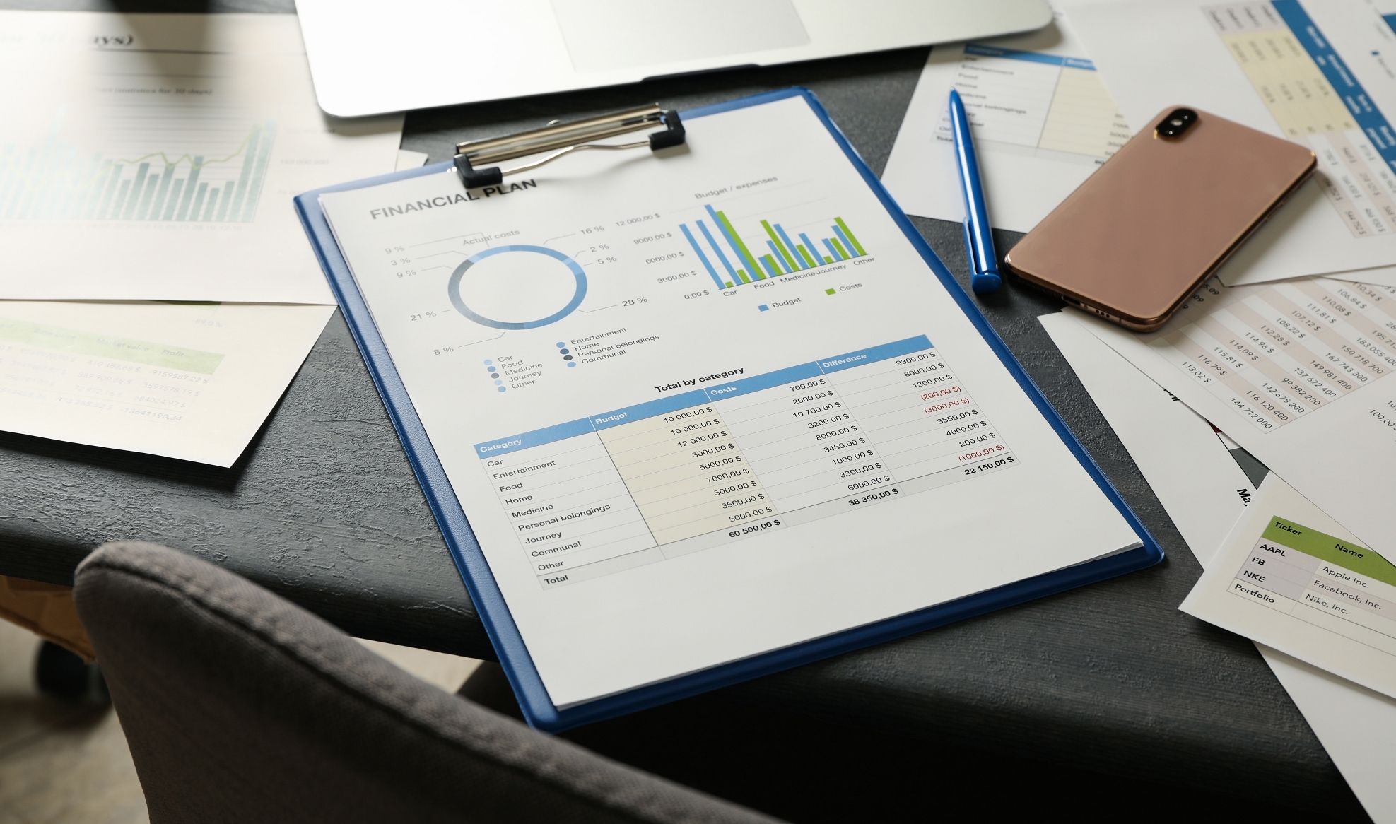 Concept of financial planning on gray wooden table